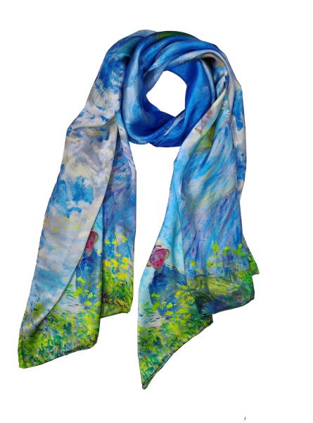 Scarf 100% Silk Blue Green Flower